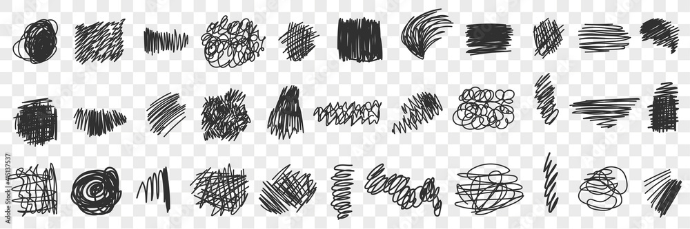 Written by pen or pencil Scribbles drawings doodle set. Collection of hand drawn scribbles of various patterns straight lines geometrical shapes isolated on transparent background