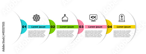 Set line Dharma wheel, Church tower, Christian fish and Tombstone with cross. Business infographic template. Vector.