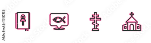 Set line Cross ankh book, Christian cross, fish and Church building icon. Vector.