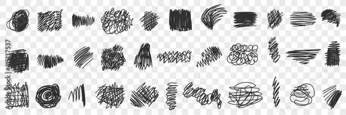 Written by pen or pencil Scribbles drawings doodle set. Collection of hand drawn scribbles of various patterns straight lines geometrical shapes isolated on transparent background
