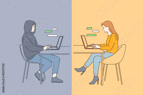 Online dating fraud, trick in internet communication concept. Young happy smiling female sitting at laptop having online date and chatting with fake boyfriend trusting him vector illustration