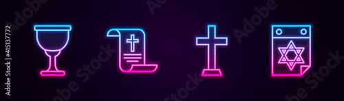 Set line Holy grail or chalice, Decree, paper, parchment, scroll, Christian cross and Jewish calendar. Glowing neon icon. Vector.