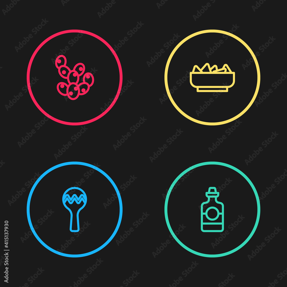 Set line Maracas, Tequila bottle, Nachos in bowl and Cactus icon. Vector. Set line Maracas, Tequila bottle, Nachos in bowl and Cactus icon. Vector.