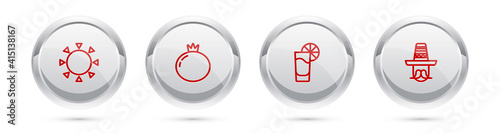 Set line Sun, Tomato, Tequila glass with lemon and Mexican man sombrero. Silver circle button. Vector.