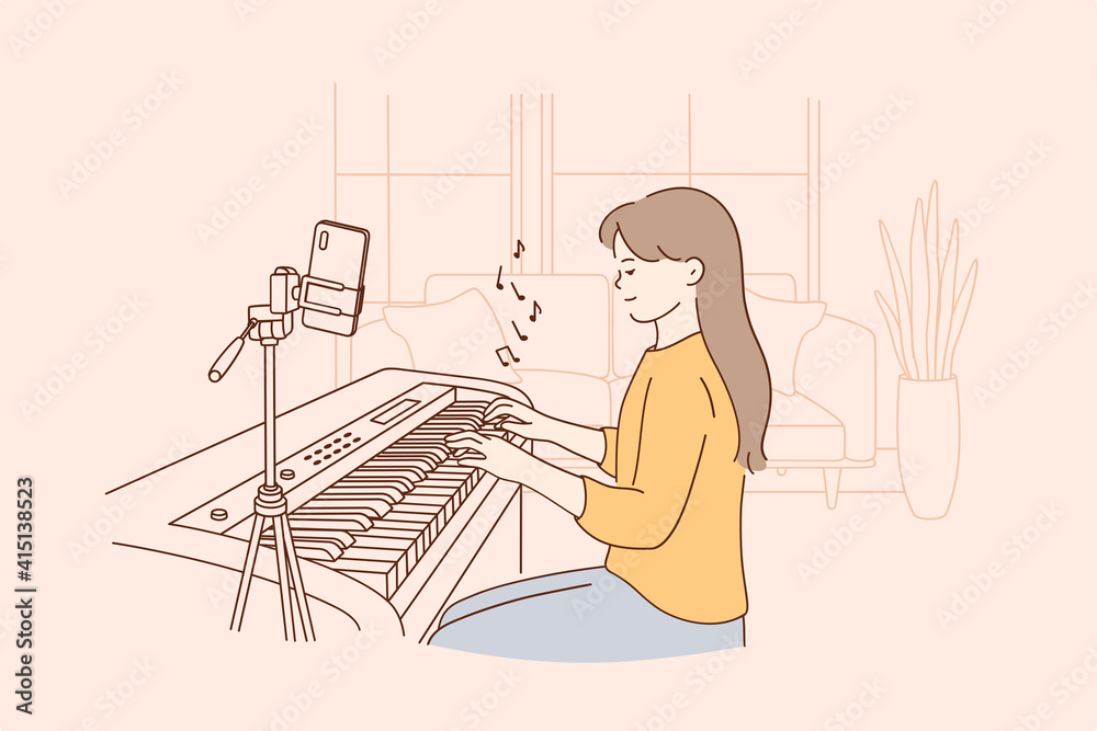 Remote distant music lesson concept. Small positive girl child sitting  playing digital piano and recording video on phone during online learning  and video chat from home vector illustration Stock Vector | Adobe
