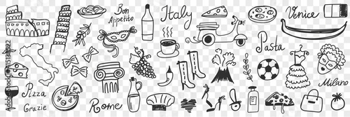 Symbols of Italy doodle set. Collection of hand drawn Italian boots pizza coffee wine sightseeing scooter gondola map mask of carnival cheese volcano pasta isolated on transparent background