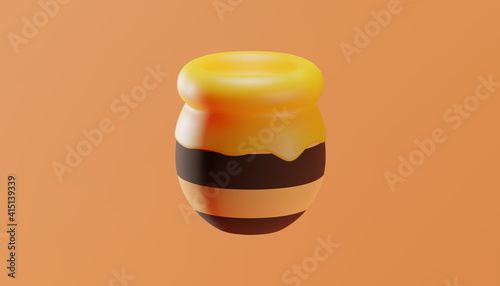 Honey pot with flowing honey in cartoon style. 3d illustration. Vector