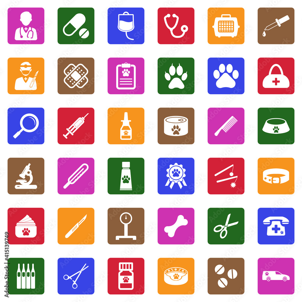 Veterinary Icons. White Flat Design In Square. Vector Illustration. Veterinary Icons. White Flat Design In Square. Vector Illustration.