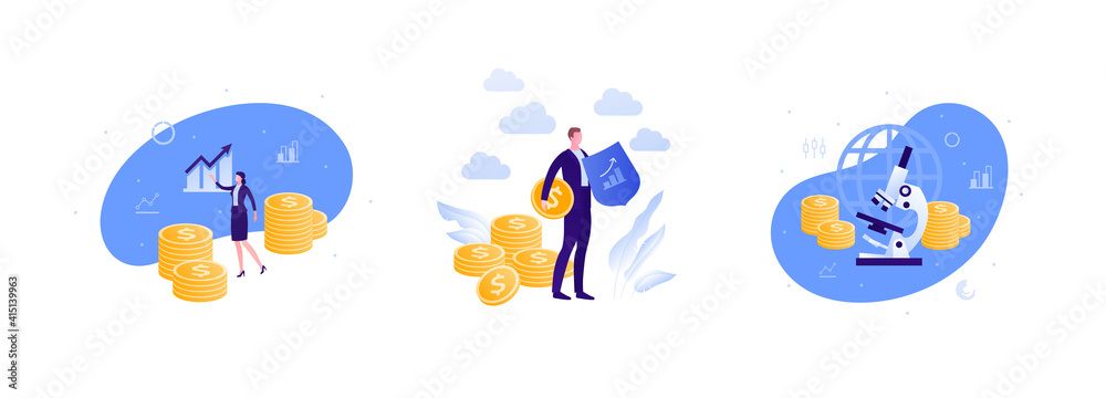 Business financial analysis and market research concept. Vector flat people illustration set. Businesswoman and chart growth Businessman hold shield insurance symbol. Microscope and money success sign