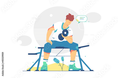 Young guy lifts heavy dumbbell vector illustration. Man training in gym, work for fit body flat style. Sport, healthy lifestyle, weight loss concept. Isolated on white background