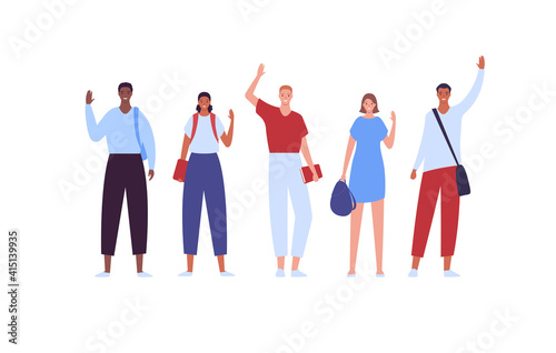 Happy college student concept. Vector flat creative illustration. Diverse multiethnic male and female group. Indian, caucasian latin and african american young boy and girls with backpack and book.