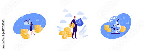 Business financial analysis and market research concept. Vector flat people illustration set. Businesswoman and chart growth Businessman hold shield insurance symbol. Microscope and money success sign