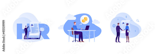 Business human resourses concept. Vector flat illustration set. Businessman employee resume. Male employee working. Success money symbol. Man and corporate african american businesswoman handshake.