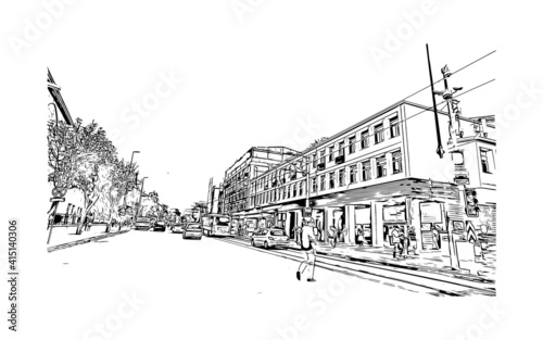 Building view with landmark of Bursa is a city in northwestern Turkey. Hand drawn sketch illustration in vector.