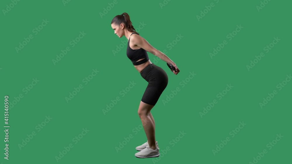 Side view of athletic woman doing cobra curl triceps weight lifting exercise. Full body on chroma key green screen. Side view of athletic woman doing cobra curl triceps weight lifting exercise. Full body on chroma key green screen.