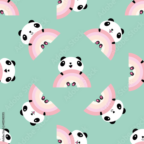 Kawaii panda rainbow seamless vector pattern background. Backdrop with cute black and white sitting cartoon bears holding on to pastel rainbows. Laughing and smiling animals. All over print for kids