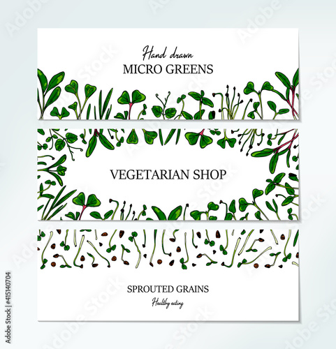 Set of hand drawn micro greens horizontal banners. Healthy vegetarian and vegan food design for company logo, print, packages. Vector illustration