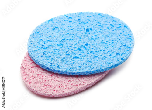 Clean new blue and pink cosmetic makeup applicator sponges isolated on white background