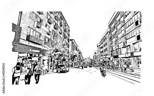 Building view with landmark of Bursa is a city in northwestern Turkey. Hand drawn sketch illustration in vector.