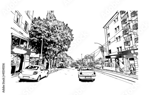 Building view with landmark of Bursa is a city in northwestern Turkey. Hand drawn sketch illustration in vector.
