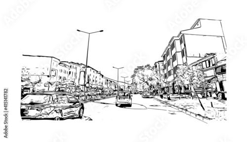 Building view with landmark of Bursa is a city in northwestern Turkey. Hand drawn sketch illustration in vector.