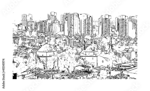 Building view with landmark of Bursa is a city in northwestern Turkey. Hand drawn sketch illustration in vector.