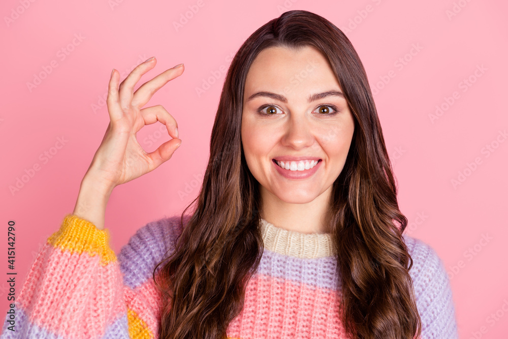 Portrait of pretty glad cheerful brown-haired girl showing ok-sign ad isolated over pink pastel color background Portrait of pretty glad cheerful brown-haired girl showing ok-sign ad isolated over pink pastel color background