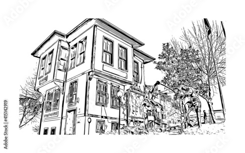 Building view with landmark of Bursa is a city in northwestern Turkey. Hand drawn sketch illustration in vector.