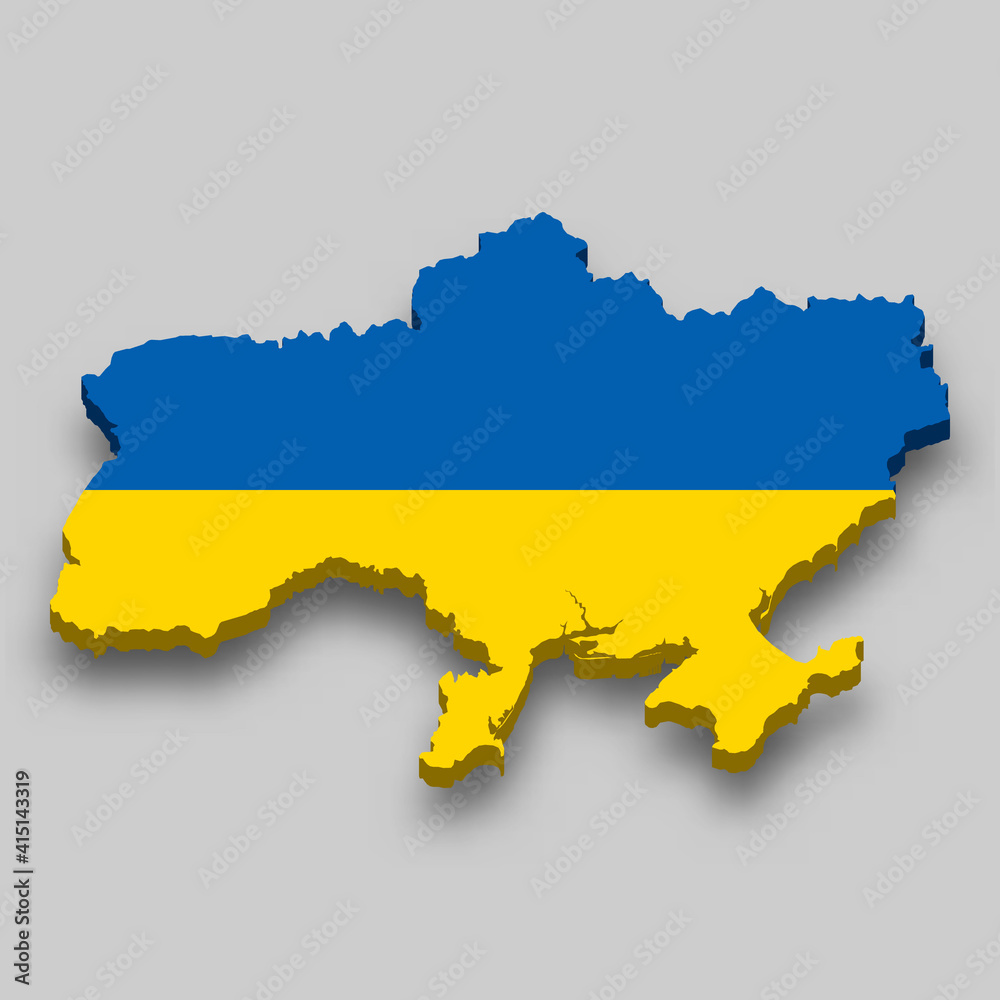 3d isometric Map of Ukraine with national flag. 3d isometric Map of Ukraine with national flag.