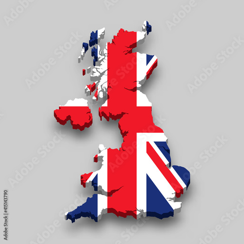 3d isometric Map of United Kingdom with national flag.