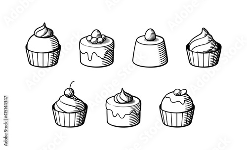 Set of sweet delicious cakes with cream and berries. Black and white vector illustration in retro style