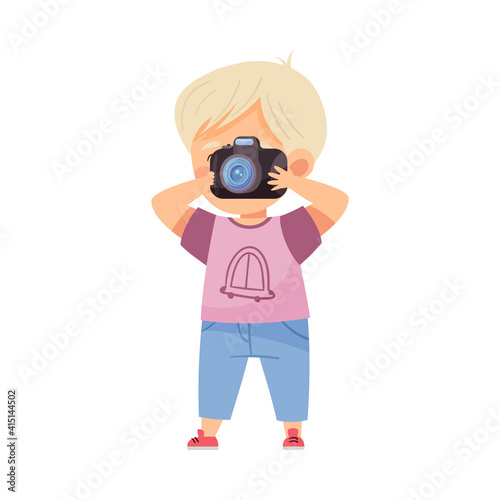 Blond Boy Holding Camera and Taking Photo Vector Illustration