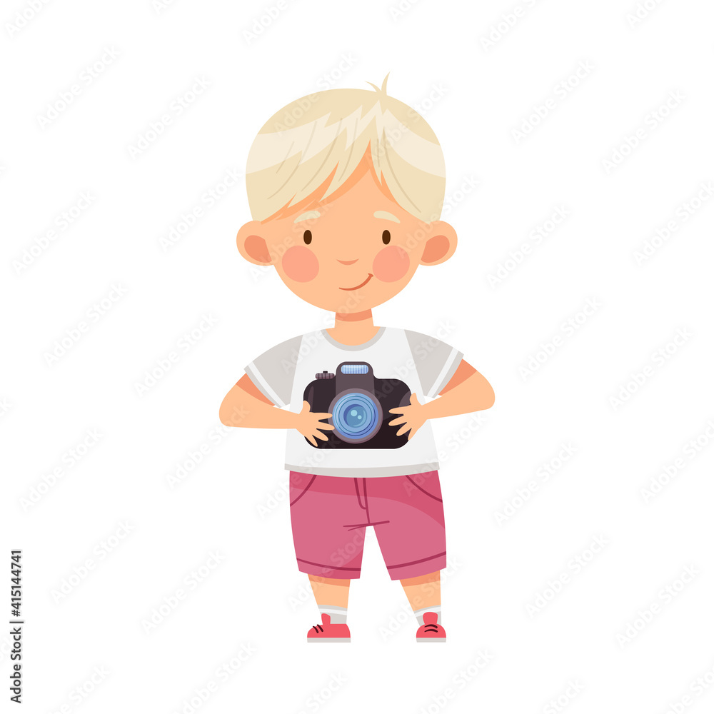 Blond Boy Holding Camera and Taking Photo Vector Illustration Blond Boy Holding Camera and Taking Photo Vector Illustration