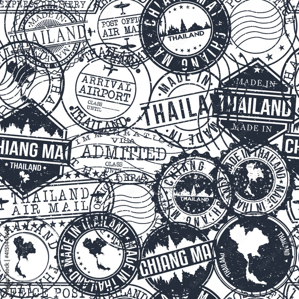 Chiang Mai Thailand Stamps Background. City Stamp Vector Art. Postal Passport Travel. Design Set Pattern.