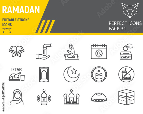 Ramadan line icon set, islam collection, vector graphics, logo illustrations, Happy Ramadan vector icons, arabic signs, outline pictograms, editable stroke.