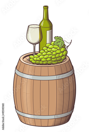 Bottle of white wine, empty wineglass and grapes placed on a barrel. Retro style colored vector illustration