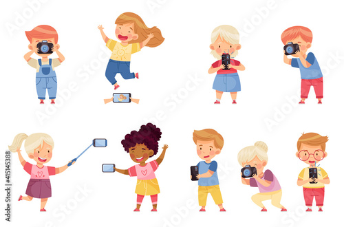 Cute Little Boy and Girl with Camera and Smartphone Taking Photo Vector Set