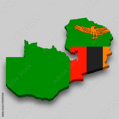 3d isometric Map of Zambia with national flag.