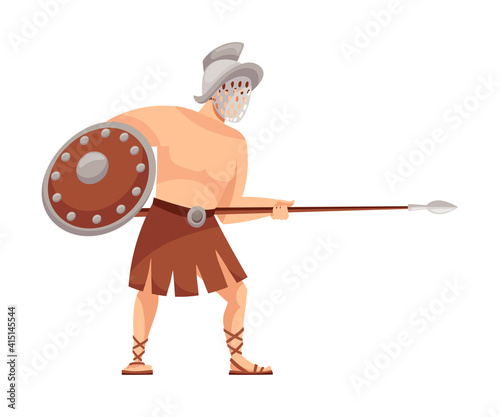 Ancient Roman Soldier or Greek Warrior Wearing Helmet Holding Spear and Shield Vector Illustration