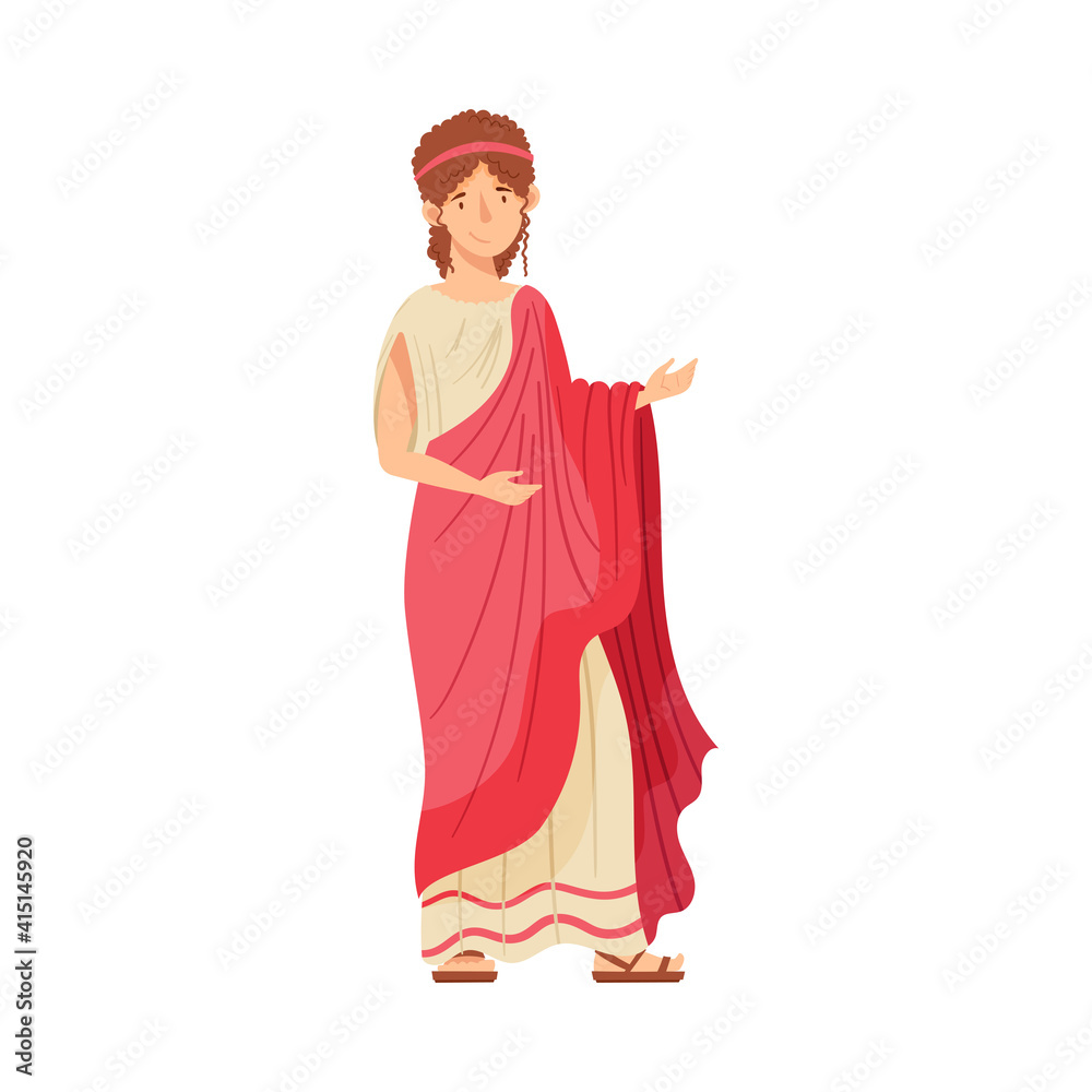 Roman Woman Wearing Long Tunic and Sandals as Traditional Clothes Vector Illustration