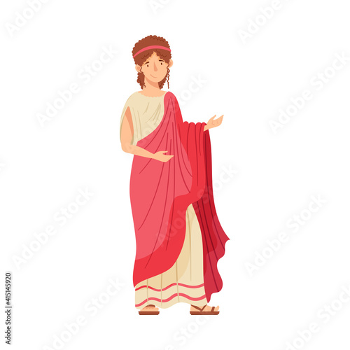 Roman Woman Wearing Long Tunic and Sandals as Traditional Clothes Vector Illustration