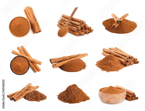 Photo Set with aromatic cinnamon sticks and powder on white background