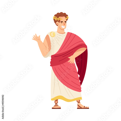 Young Male as Roman Emperor in Long Dress Wearing Crown Vector Illustration