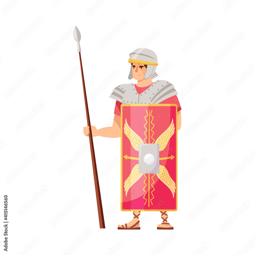 Ancient Roman Soldier or Greek Warrior Wearing Helmet Holding Spear and Shield Vector Illustration