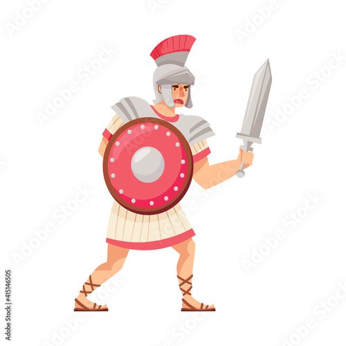 Ancient Roman Soldier or Greek Warrior Wearing Helmet Holding Sword and Shield Vector Illustration