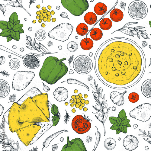 Hummus cooking and ingredients for hummus, sketch illustration. Seamless pattern Middle eastern cuisine frame. Healthy food, design elements. Hand drawn, package design. Mediterranean food. Vegan menu