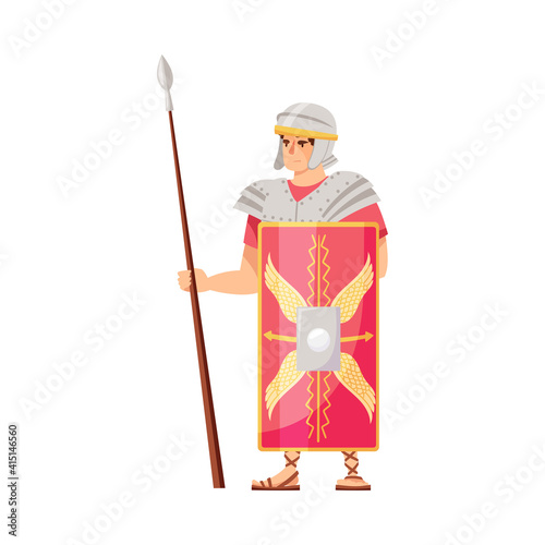 Ancient Roman Soldier or Greek Warrior Wearing Helmet Holding Spear and Shield Vector Illustration