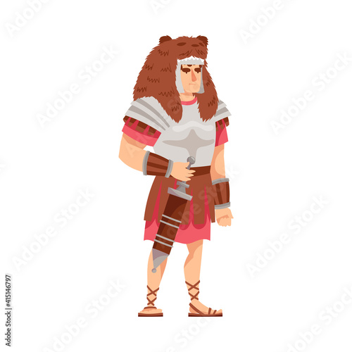 Ancient Roman Soldier or Greek Warrior Wearing Helmet Standing with Sword and Iron Armor Vector Illustration