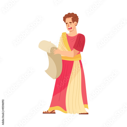Young Male as Roman Emperor in Long Dress Reading Scroll Vector Illustration