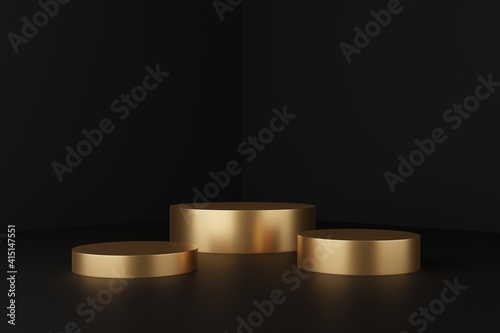 Triple Gold Cylinder Podiums in Black Studio for Luxury Product Display and Premium Branding